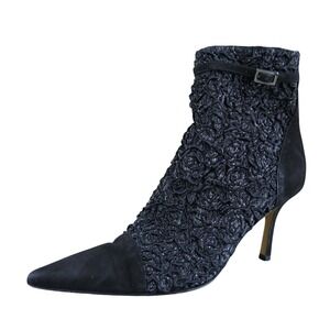 Gina Women 6.5 Black Leather Embroidered Ankle Boots Pointed Toe Stiletto Heel